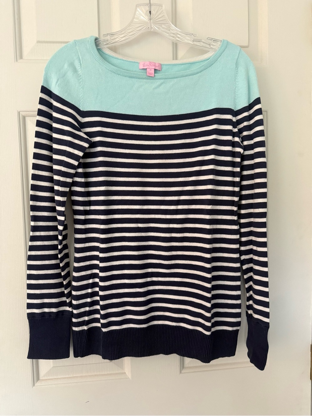Lilly Pulitzer Navy and White Striped Sweater with Mint Yoke